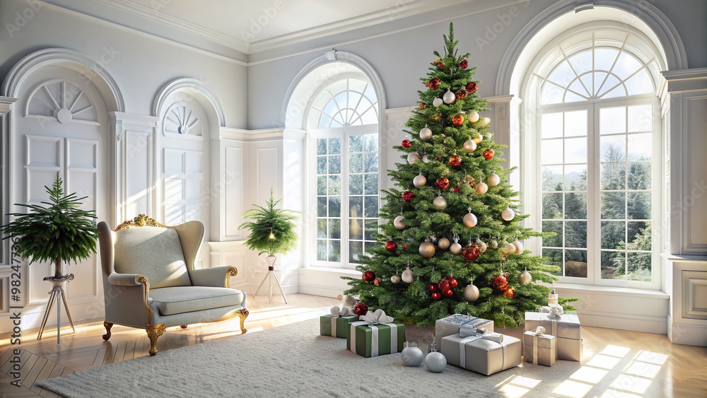 Elegant Christmas tree stands tall in a bright, spacious white room with arched windows, surrounded by white gifts and toys, and a solitary white chair nearby. Elegant Christmas tree stands tall in a bright, spacious white room with arched windows, surrounded by white gifts and toys, and a solitary white chair nearby.