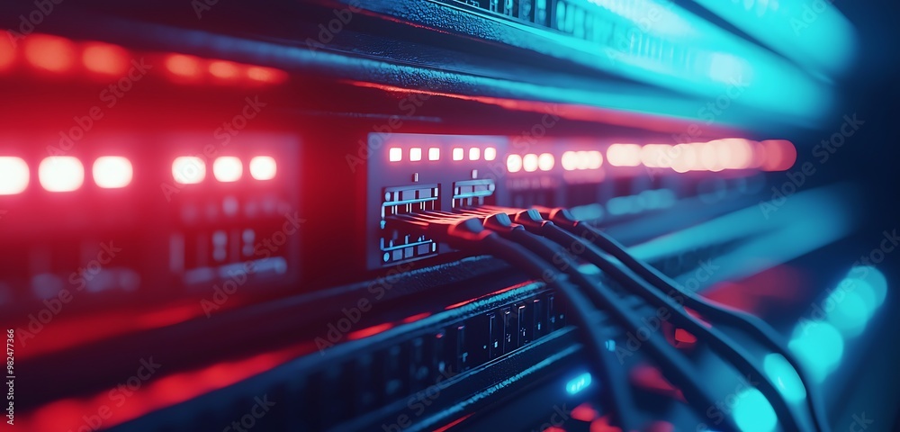 Macro of a network switch's unplugged ports, showing connectivity gaps. Macro of a network switch's unplugged ports, showing connectivity gaps.