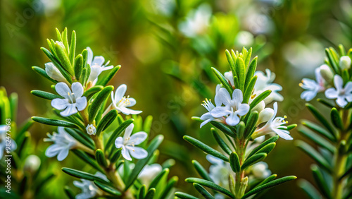 Delicate white flowers bloom amidst fragrant, vibrant green rosemary leaves, showcasing the herb's intricate textures and subtle colors in a lush, natural, botanical setting. photo