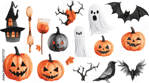 Halloween Watercolor Illustrations Set, Spooky and Festive Designs for Creative Projects