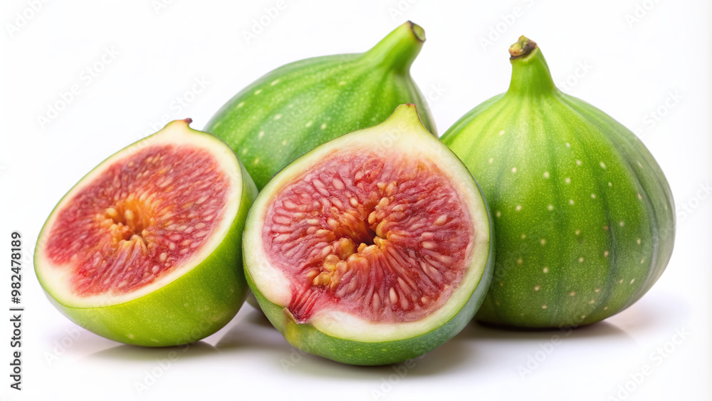 Ripe, succulent, and vibrant green fig fruit, freshly picked and isolated on a clean white background, showcasing its delicate texture and sensuous curves. Ripe, succulent, and vibrant green fig fruit, freshly picked and isolated on a clean white background, showcasing its delicate texture and sensuous curves.