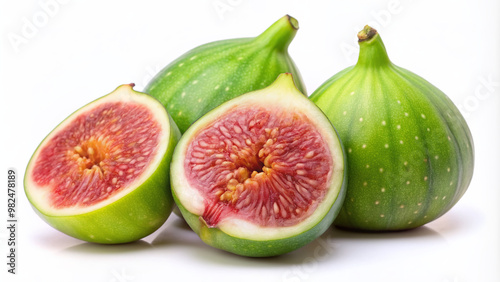 Ripe, succulent, and vibrant green fig fruit, freshly picked and isolated on a clean white background, showcasing its delicate texture and sensuous curves.