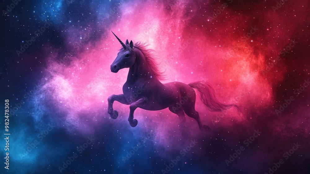 Galactic unicorn flying through star clusters, shimmering cosmic dust, vibrant deep space, flat design illustration, Copy space for text, No text, No logo Galactic unicorn flying through star clusters, shimmering cosmic dust, vibrant deep space, flat design illustration, Copy space for text, No text, No logo