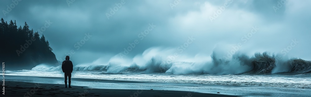 Obraz premium Lone figure on stormy Pacific beach with massive waves crashing