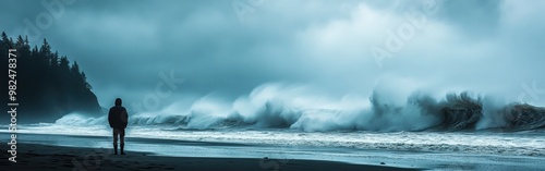 Lone figure on stormy Pacific beach with massive waves crashing