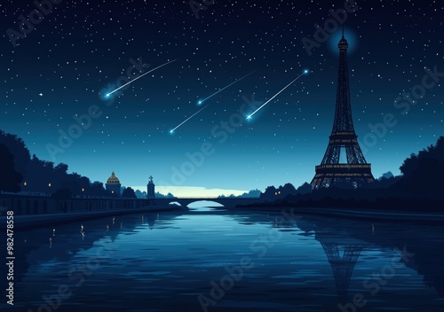 Beautiful night in paris with Eiffel tower nearby river  and nice stars,generative AI illustration