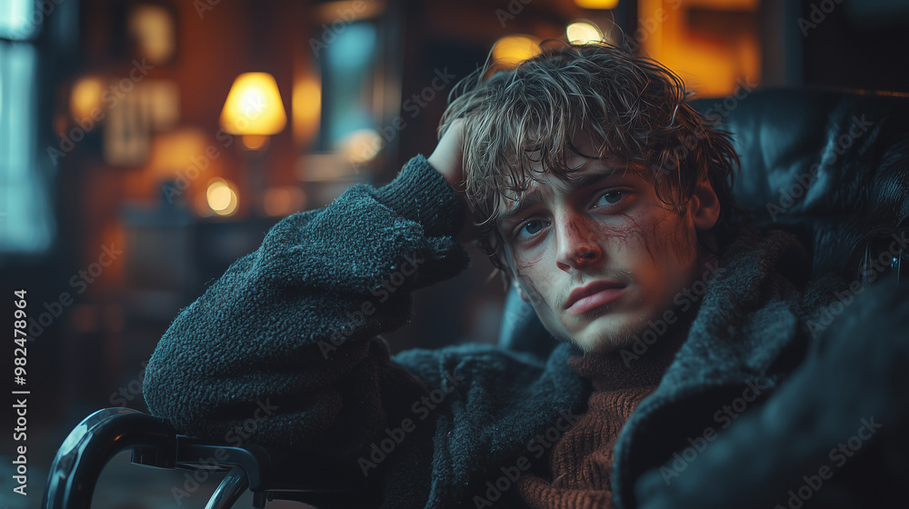 Obraz premium Sad man sitting in a wheelchair and holding head. Emotional and depressed scene.