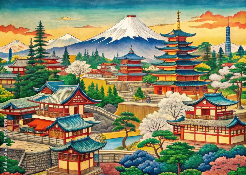 Fototapeta premium Snow-dusted temples and pagodas rise from a misty dawn, as crimson lanterns and golden roofs shimmer amidst a tapestry of greens and blues.