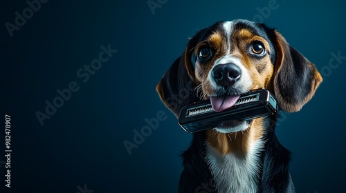 A photo of a dog contentedly playing a harmonica, isolated on a dark blue background  photo