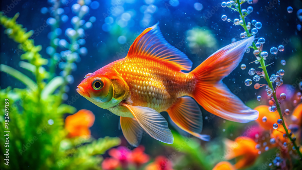 Vibrant orange goldfish swims slowly in a clean and well-decorated aquarium filled with colorful aquatic plants and subtle water bubbles. Vibrant orange goldfish swims slowly in a clean and well-decorated aquarium filled with colorful aquatic plants and subtle water bubbles.