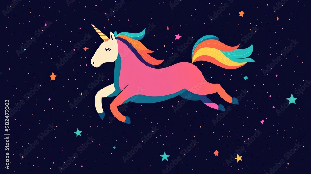 Galactic unicorn flying through star clusters, shimmering cosmic dust, vibrant deep space, flat design illustration, Copy space for text, No text, No logo Galactic unicorn flying through star clusters, shimmering cosmic dust, vibrant deep space, flat design illustration, Copy space for text, No text, No logo