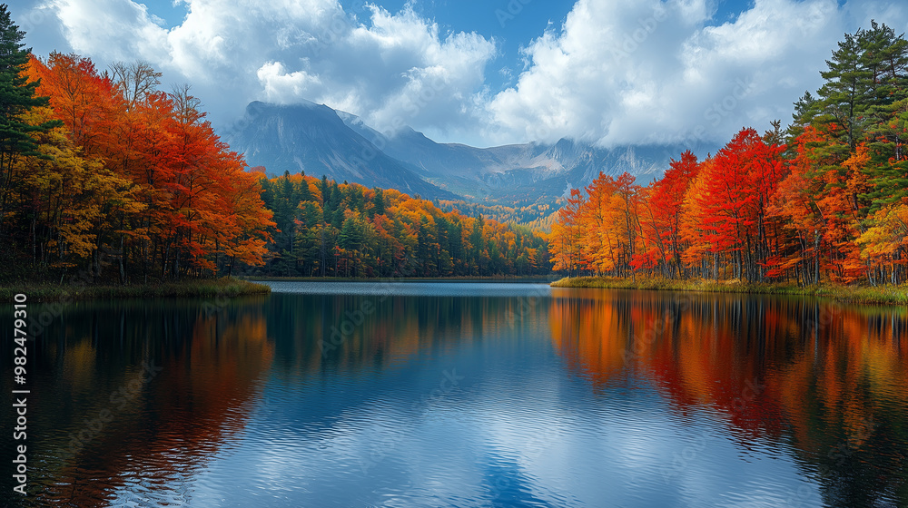 Fototapeta premium Serene autumn landscape with colorful trees reflecting in the calm waters of an isolated lake, surrounded by a dense forest and mountains