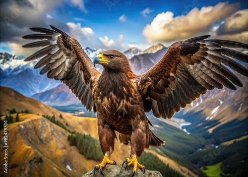 Soaring majestically through the rugged mountainous landscape, the majestic golden eagle spreads its wings wide, its piercing gaze surveying its kingdom from on high.