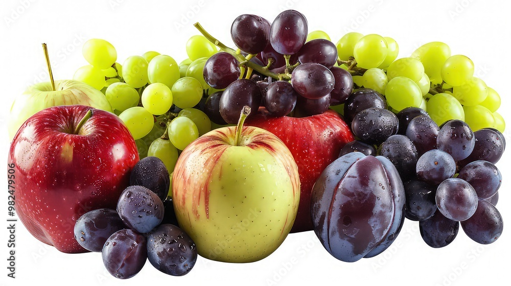 Crisp red apples, bright green grapes, and dark purple plums, arranged to showcase a spectrum of fruit freshness. isolated on white background. Crisp red apples, bright green grapes, and dark purple plums, arranged to showcase a spectrum of fruit freshness. isolated on white background.