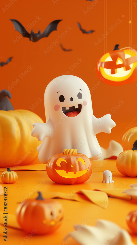 Cute 3D cartoon ghost with pumpkins and bats on orange background. Playful Halloween designs Cute 3D cartoon ghost with pumpkins and bats on orange background. Playful Halloween designs