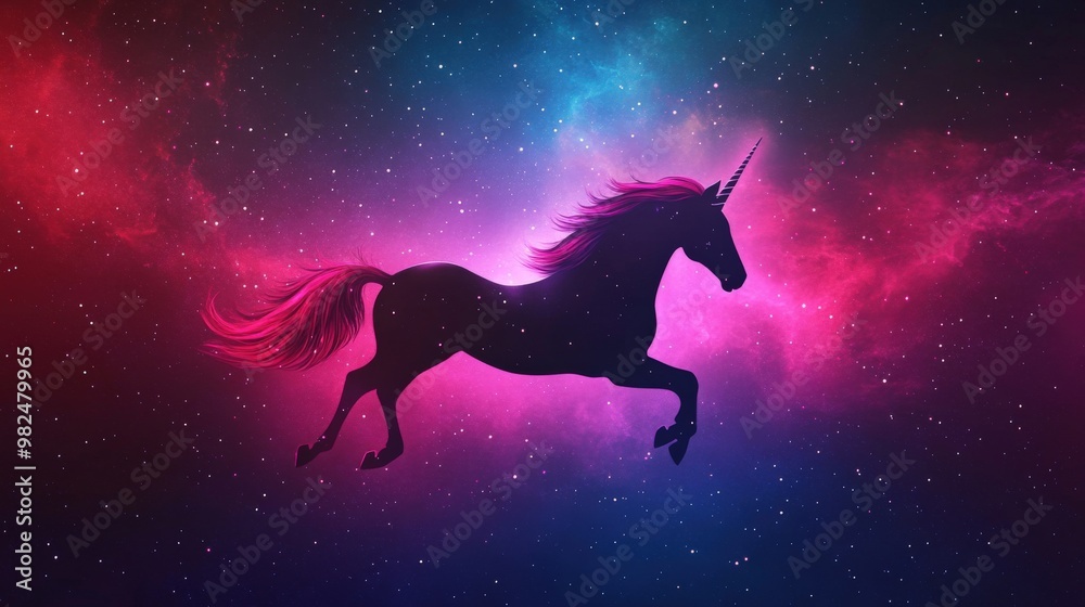 Unicorn galloping through the galaxy, glowing star trails, deep space background, flat design illustration, Copy space for text, No text, No logo Unicorn galloping through the galaxy, glowing star trails, deep space background, flat design illustration, Copy space for text, No text, No logo