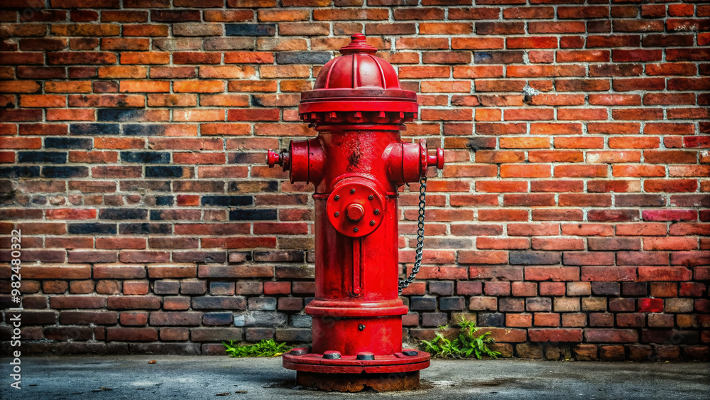 Vibrant red fire hydrant stands proudly against a worn, rusty brick wall, evoking urban infrastructure and safety in a gritty, industrial cityscape setting. Vibrant red fire hydrant stands proudly against a worn, rusty brick wall, evoking urban infrastructure and safety in a gritty, industrial cityscape setting.