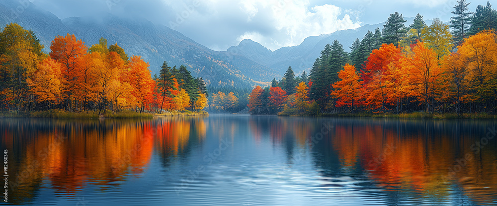 Fototapeta premium Serene autumn landscape with colorful trees reflecting in the calm waters of an isolated lake, surrounded by a dense forest and mountains