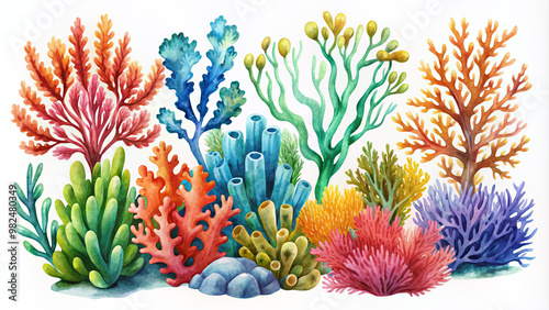 Vibrant watercolor illustrations of seaweed and corals on white background, perfect for adding a touch of underwater charm to sea-inspired designs, beaches, and park decors. photo