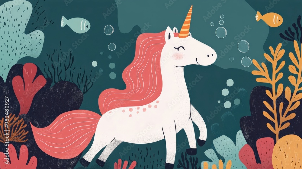Unicorn-mermaid hybrid, flowing mane and tail, underwater coral reef, shimmering scales, flat design illustration, Copy space for text, No text, No logo