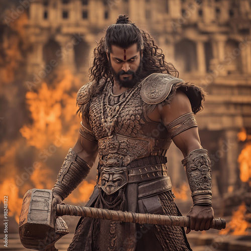 Bhimasena or Bima is wearing armor and holding giant mace. prominent figure in Mahabharata