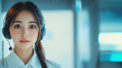 Asian female Call center agent isolated on a light grey background with room for copy, business, communications, technology, customer service