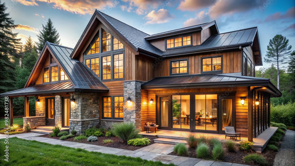 Cozy suburban farmhouse with rustic cedar siding, expansive glass windows, and an interior featuring natural materials, reclaimed wood, and earthy tones in a serene setting. Cozy suburban farmhouse with rustic cedar siding, expansive glass windows, and an interior featuring natural materials, reclaimed wood, and earthy tones in a serene setting.