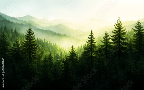 Pine forest, distant hills, foggy morning light, calm ambiance, Watercolor style