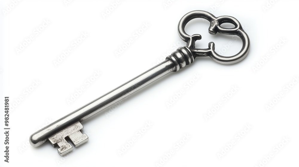 one single old silver antique key isolated on white background one single old silver antique key isolated on white background