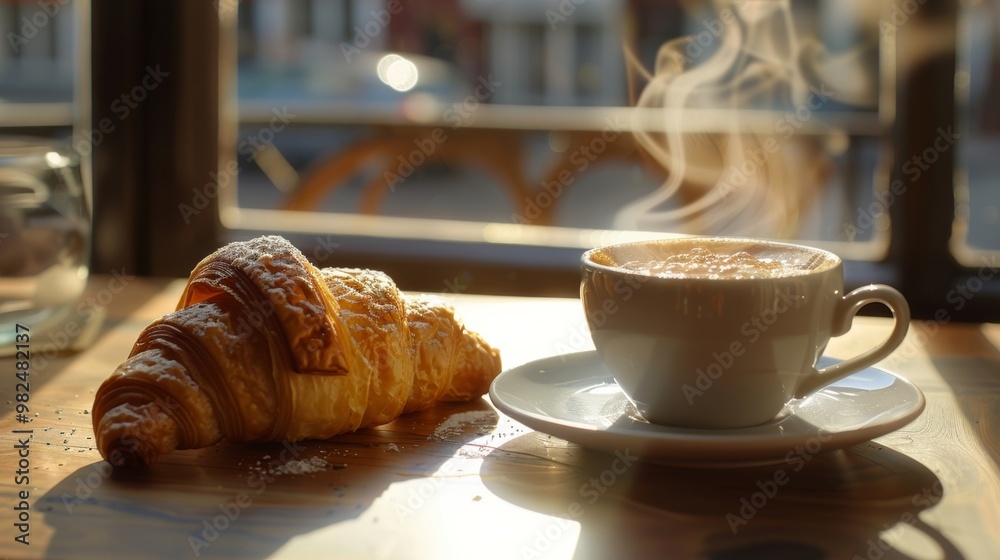 Cozy Morning Scene with Coffee and Croissant on a Wooden Table by the Window Cozy Morning Scene with Coffee and Croissant on a Wooden Table by the Window