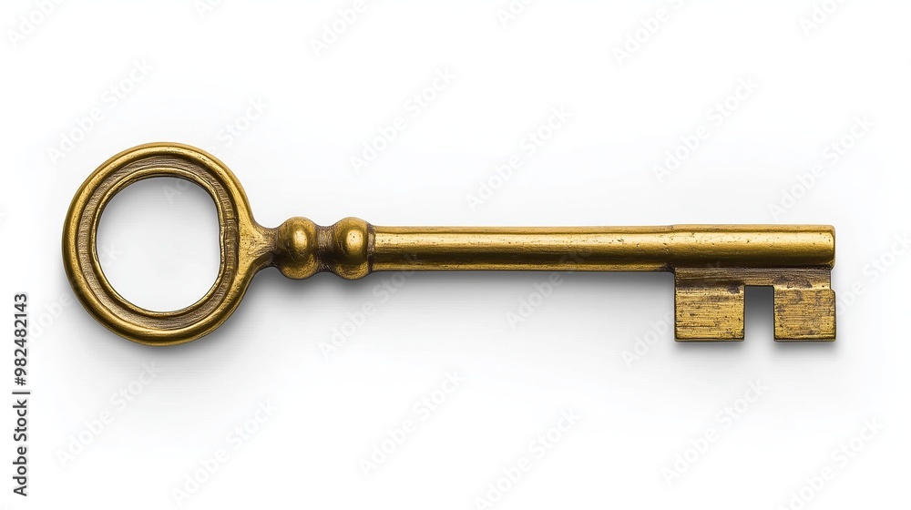 one single old golden antique key isolated on white background one single old golden antique key isolated on white background