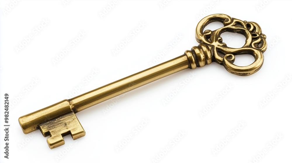 one single old golden antique key isolated on white background one single old golden antique key isolated on white background