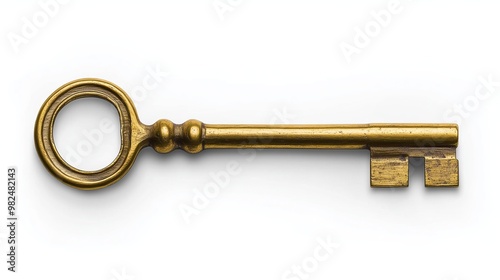 one single old golden antique key isolated on white background