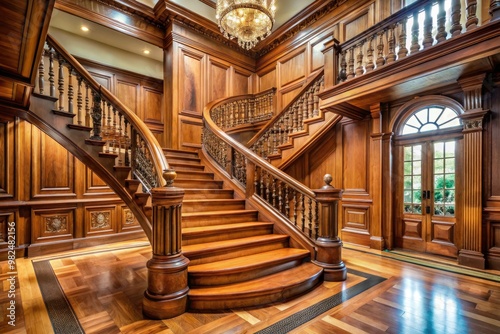 Sophisticated wooden staircase trim features intricate carvings, delicate molding, and precision craftsmanship, evoking timeless elegance and refined sophistication. photo