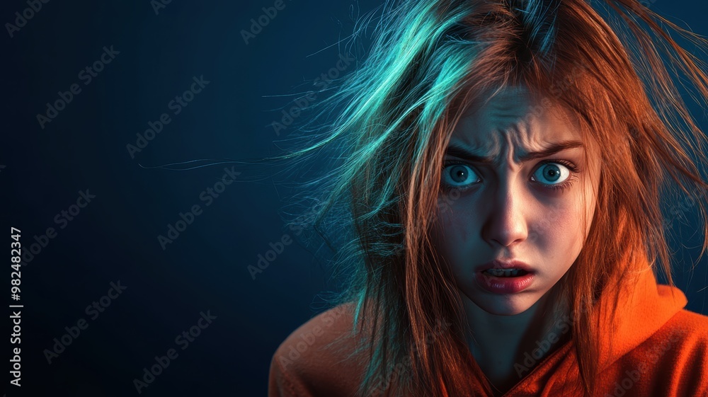 A young woman with wide eyes and messy hair expresses shock and confusion, captured under dramatic lighting with blue tones. A young woman with wide eyes and messy hair expresses shock and confusion, captured under dramatic lighting with blue tones.