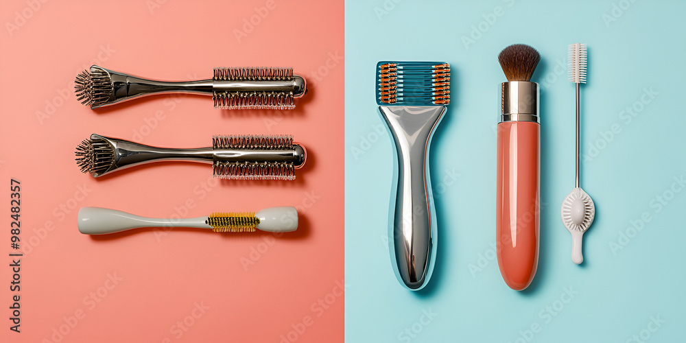 Flat lay of beauty tools and skincare accessories on contrasting colors on coral and Light blue
Flat lay of beauty tools and skincare accessories on contrasting colors on coral and Light blue