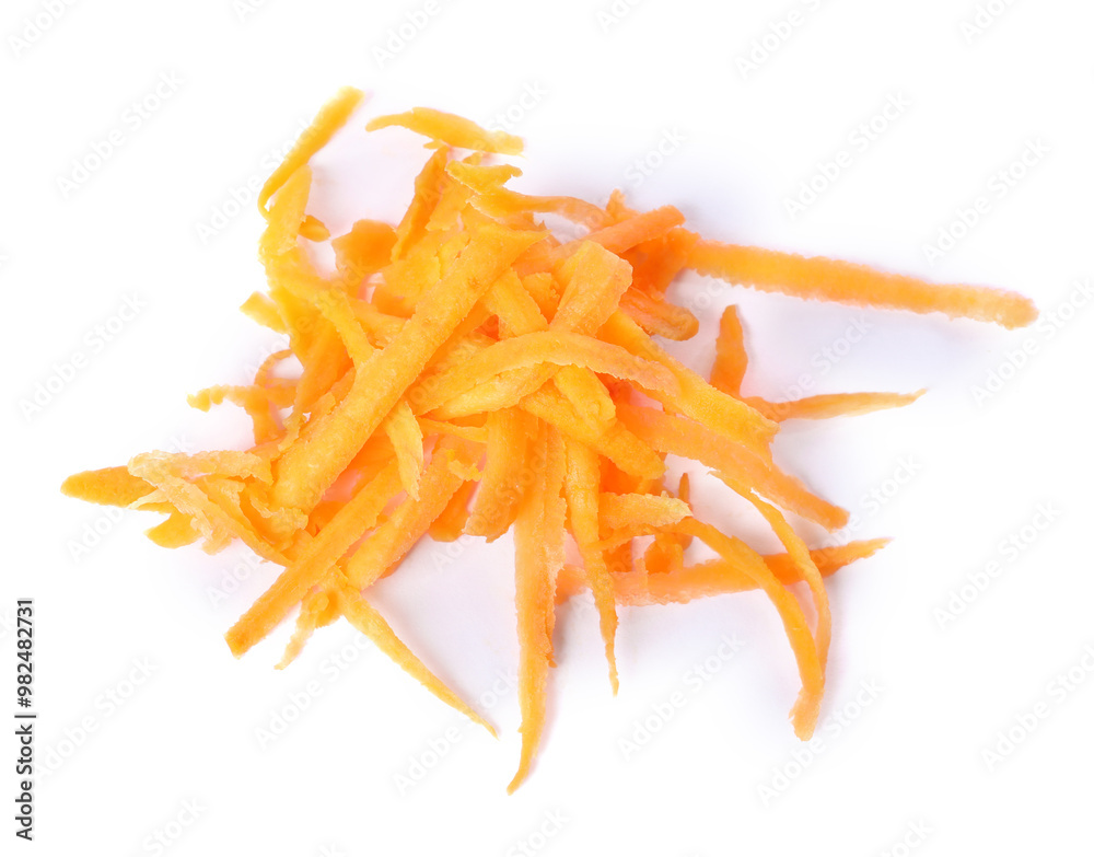 Fototapeta premium Pile of fresh grated carrot isolated on white, top view