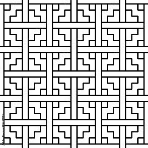 Seamless black and white geometric pattern consisting of interlocking lines arranged symmetrically and regularly. Suitable for graphic design, textiles or decoration.