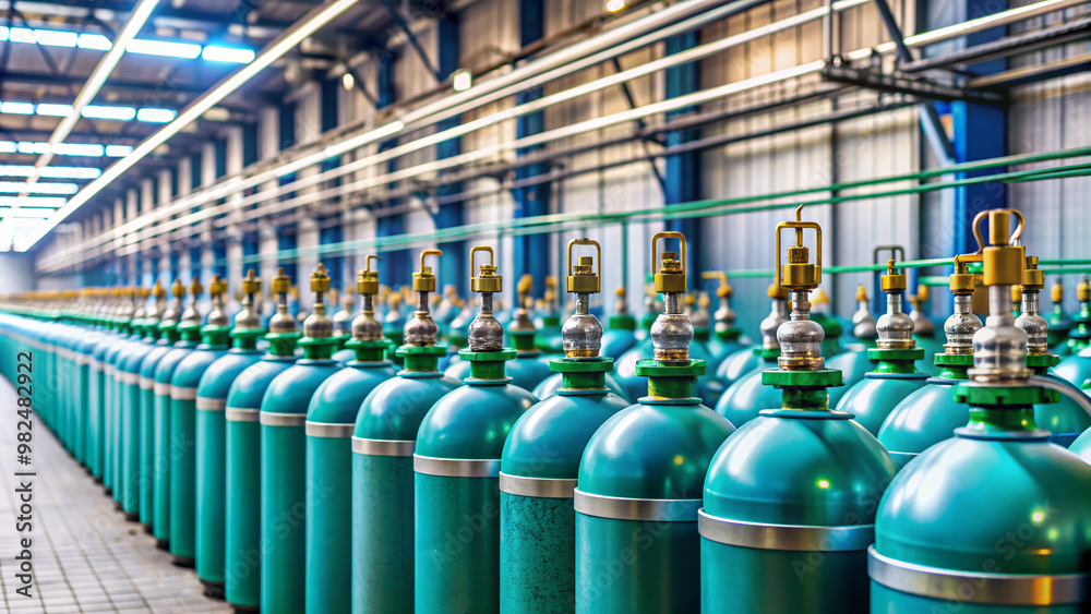 Industrial oxygen cylinders with compressed gas stand upright in a row at a factory, awaiting use in liquefied oxygen production for various industrial applications. Industrial oxygen cylinders with compressed gas stand upright in a row at a factory, awaiting use in liquefied oxygen production for various industrial applications.