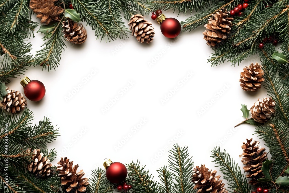 Christmas Frame with Pine Branches and Red Ornaments
