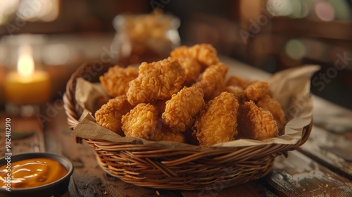 Delicious golden fried chicken in a rustic basket with honey and sauce on the side. Perfect for gatherings or a cozy dinner.