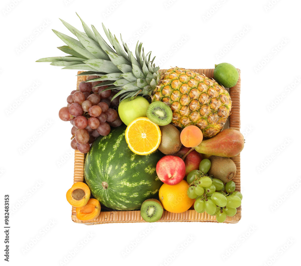 Many different fresh fruits in crate isolated on white, top view Many different fresh fruits in crate isolated on white, top view