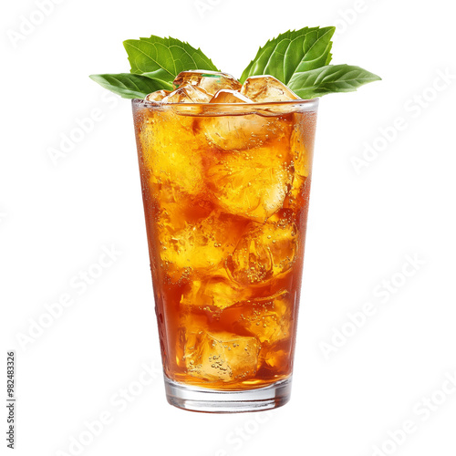 A glass of iced tea with mint leaves and cubes of clear sugar, isolated on a transparent background