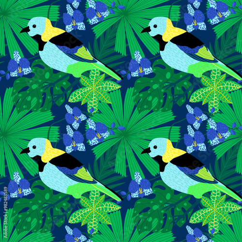 Tropical seamless pattern featuring tanager birds, leaves, and orchid flowers. Geometrical background pattern. Botanical texture design for prints, wall art, wallpaper, textiles, and wrapping paper.