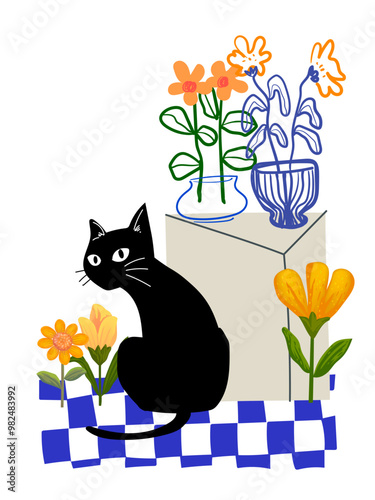 Cute funny cat and flowers, plants on vases, pots hand drawn vector illustration. Pets and nature vintage design for cover, poster,cards, wall art, decoration and print.