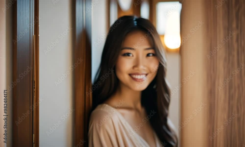 Asian Woman with Curious Expression Peeking Through Slightly Ajar Door, Soft Hallway Light.