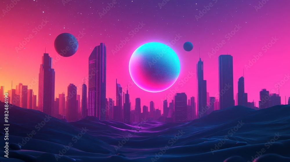New Year 2025 in space, sci-fi cityscape, neon holographic display, stars and planets backdrop, vibrant galactic scene, 3D illustration, Copy for text, no text, no logo New Year 2025 in space, sci-fi cityscape, neon holographic display, stars and planets backdrop, vibrant galactic scene, 3D illustration, Copy for text, no text, no logo