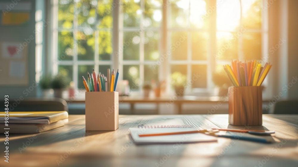 Wooden table with utensils, pencil and markers on the background of a room filled with sunlight close-up
Wooden table with utensils, pencil and markers on the background of a room filled with sunlight close-up