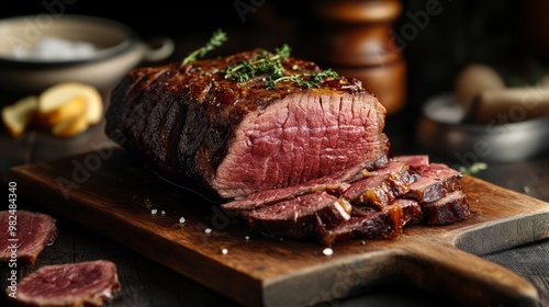 Wallpaper Mural Tasty roasted piece of beef with a slice cut off next to it on a wooden board on a dark rustic background close up
 Torontodigital.ca