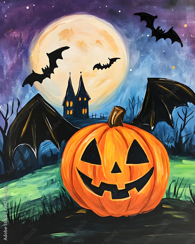 満月の夜に輝くハロウィンかぼちゃとコウモリのアートワーク 満月の夜に輝くハロウィンかぼちゃとコウモリのアートワーク